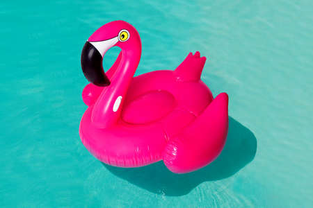 Pink, trendy, blown beach flamingo on blue water background. Hit the summer. Pink flamingo. Pink...