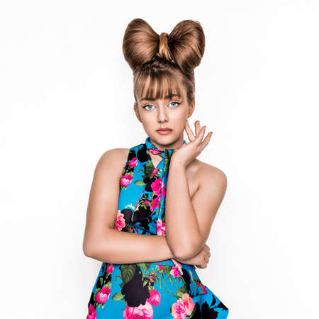 Pretty young girl beauty portrait. Elegant Fashion Glamorous teen Model wearing black Glamor Gloves...