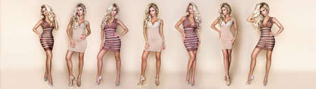 Elegant sexy blonde woman in luxury dress with crystals. Sensual shapely model in mini dress on beige background in studio. Glamor model. luxury fashion. Spring fashion. Vogue.の写真素材