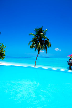 Landscape on Maldives island, luxury water villas resort with pool. Beautiful sky and ocean and beach with palms background for summer vacation holiday and travel concept. Luxury travel.の写真素材