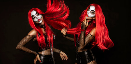 Sexy woman in a Halloween makeup and costume on black background. Halloween makeup and costume...