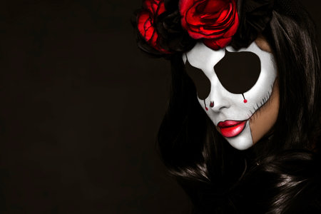 Portrait of a woman with sexy skull makeup over black background. Halloween costume and make-up. Portrait of Calavera Catrinaの写真素材