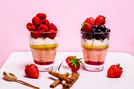 Healthy and delicious desserts with fruits in a beautiful composition on a pink pastel background.の写真素材