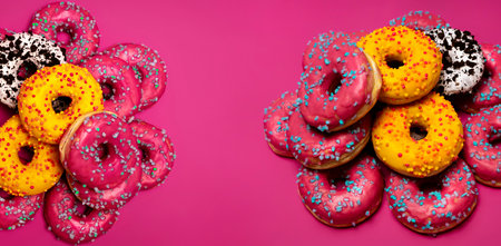 Tasty donuts with pink, yellow, and white icing, topped with colorful sprinkles, stacked against a...