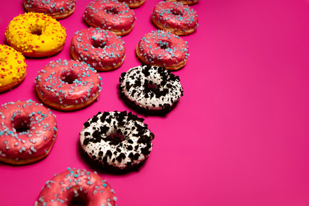Tasty donuts with pink, yellow, and white icing, topped with colorful sprinkles, stacked against a bold pink background. A sweet and visually striking composition full of flavor.の写真素材