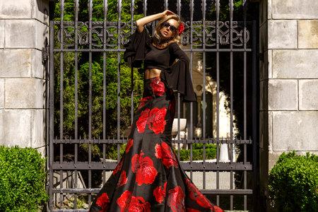 Romantic woman in elegant black and red floral gown standing outside in front of a metal gate in a palace garden on a sunny dayの写真素材