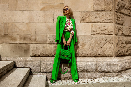 Elegant female model in green vibrant suit and fashionable handbag walks in the city on a sunny summer day.の写真素材