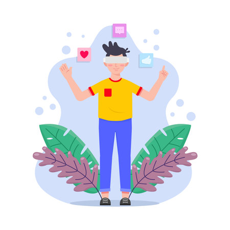 Man using virtual reality glasses. Vector illustration in a flat style.のイラスト素材