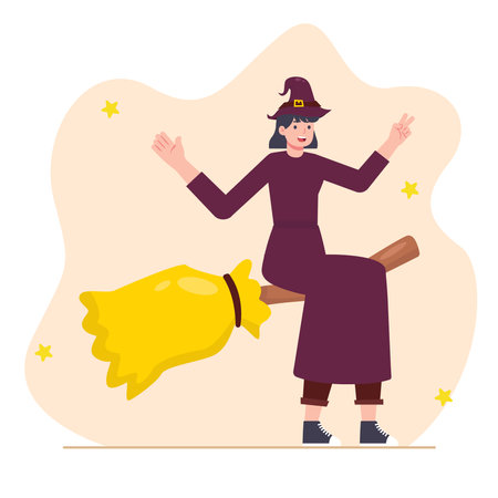 Witch with broom and hat. Vector illustration in flat style.のイラスト素材