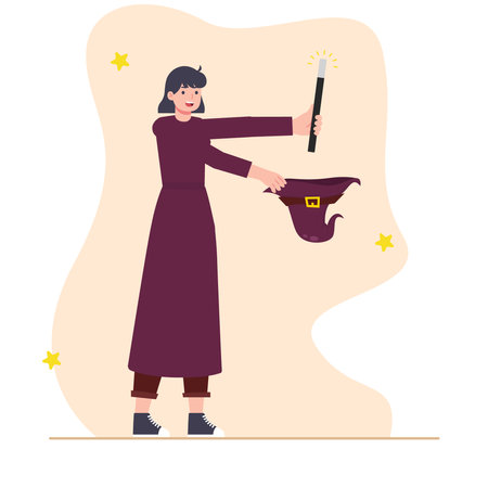 Vector illustration of a witch with a magic wand and a hat.のイラスト素材