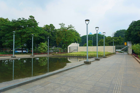 Some lampposts in the garden of the istiqlal mosque are silver color. Decorate the courtyard of the mosqueの写真素材