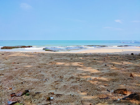 After returning from a neighbor's wedding, i went to the beach and took pictures of the natural landscape on the beach. Afternoon at anyer beach, indonesiaの写真素材