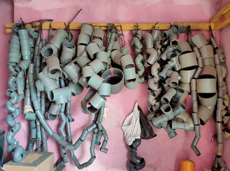 Some piles of pipes and pipe joints are in a material store, which is near the market in my cityの写真素材