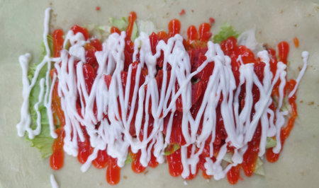 Kebab food stuffing consists of meat, sauce, vegetables, kebab flour skin, on a plate. In banten, indonesiaの写真素材