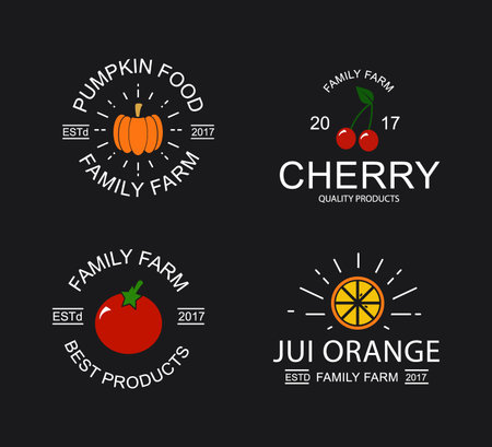 Vintage cherry, pumpkin, tomato and orange logo, emblems, labels and badges and other branding objects.のイラスト素材