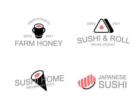 Vintage Japanese food and sushi, soy, rolls, nigiri, onigiri, temaki logo. Emblems, labels and badges and other branding objects.のイラスト素材