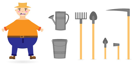 Vector illustration. Set with a farmer and rural accessories: rake, shovel, scythe, bucket, axのイラスト素材