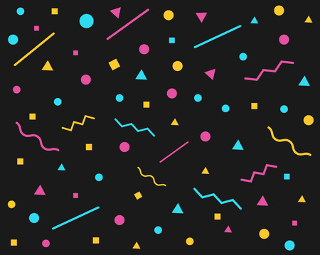 Abstract geometric memphis style background with different geometric shapes triangles, circles, lines and neon coloursのイラスト素材