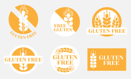 a set of trademarks with images and information on the lack of gluten in the products. monochrome orange gluten-free icons with wheat germ on gray backgroundのイラスト素材