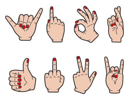 a set of different gestures of female hands with manicure and painted nails in red varnishのイラスト素材