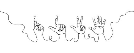 Hand gestures one line set art. Continuous line drawing of gesture, friendship, greetings, numbers, victory.のイラスト素材