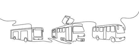 Public transport continuous line drawing set. One line art of trolleybus, shuttle bus, tram, minibus.のイラスト素材