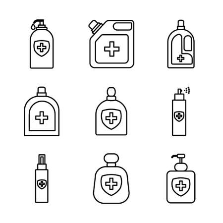 Set of bottles with disinfectant line icon. Household chemicals, antiseptic, sanitary symbolのイラスト素材