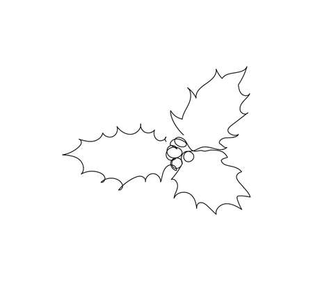 Three holly leaves with berries line art. Continuous line drawing of new year, holidays, christmas, traditional, plant, flower, leaves, decoration, decor. Hand drawn vector illustration.のイラスト素材