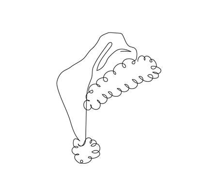 Christmas hat one line art. Continuous line drawing of new year holidays, christmas, traditional, decor, Santa Claus hat with pompon, winter accessory, magic. Hand drawn vector illustration.のイラスト素材