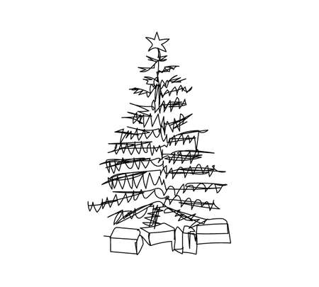 Christmas tree with gifts one line art. Continuous line drawing of new year, holidays, christmas, traditional, comfort, eco-friendly, tree, winter, faux, pine, spruce.のイラスト素材