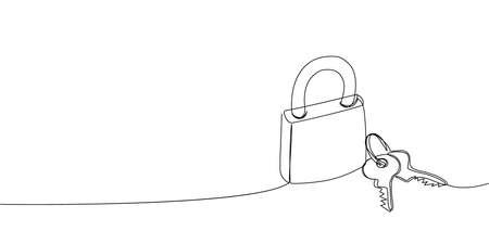 Padlock and key set continuous line drawing. One line art of time of protection, security, lock, love, related, key, open, solution, couple, symbolism.のイラスト素材
