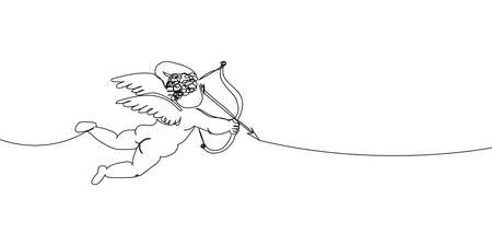 Cupid shoots arrows continuous line drawing. One line art of love, relationship, lovers, wings, fly, feelings, angel, cupid, protector of lovers, symbolism, valentine.のイラスト素材
