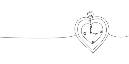 Vintage pocket watch with heart continuous line drawing. One line art of time of love, long term relationship, life, sand, symbolism, gift.のイラスト素材