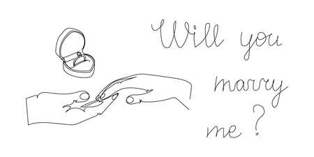 Will you marry me one line art. Continuous line drawing of lovers hold hands, hold on to fingers, propose, box with an engagement ring.のイラスト素材