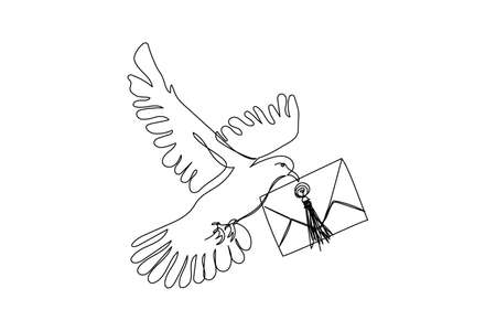 Dove flying with letter continuous line drawing. One line art of romance, love, feelings, mail, delivery, bird, relationship, correspondence.のイラスト素材