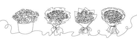 Set of bouquets with different roses continuous line drawing. One line art of decoration, flowers, roses, garden, bouquet, floristry, romance, relationship, love, peonies, tulips, dahlias, carnations.のイラスト素材