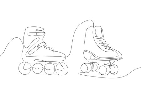 Set of roller skates, sportswear one line art. Continuous line drawing of sport, shoes, skating, speed, rollerskating, kid, exercise, footwear, hobby, training, activity, wheel sporty athlete trainingのイラスト素材