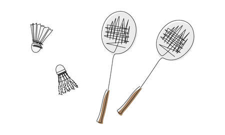 Badminton colored set with racket and shuttlecock one line art. Continuous line drawing of badminton, string, sport, sports, activity, racquet, game, training, tennis leisure professional play, color.のイラスト素材