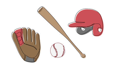 Baseball colored set with glove, ball, helmet, bat one line art. Continuous line drawing player, pitcher, hardball, softball, sports, activity, american, game, training, leisure uniform match, color.のイラスト素材