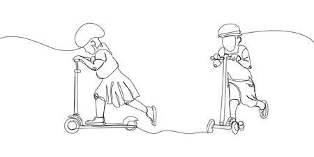 Kids in a protective helmet on a scooter one line art. Continuous line drawing sport, scooter, transportation, child, childhood, small girl boy, riding, healthy, urban, mobility.のイラスト素材