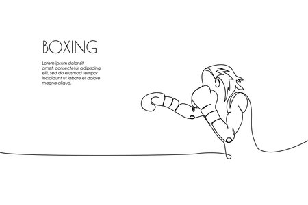 Web banner with woman boxer, boxing gloves, hit one line art. Continuous line drawing of promotion poster protective mask, protection, boxing, fight, athletes, battle, girl, power, sport, boxing ring.のイラスト素材