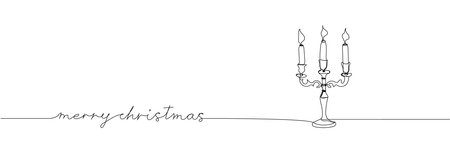 Greetings Merry Christmas with candelabra and candles, lettering one line art. Continuous line drawing of new year holidays, animals, congratulations, weekend, festive atmosphere, handwritten.のイラスト素材