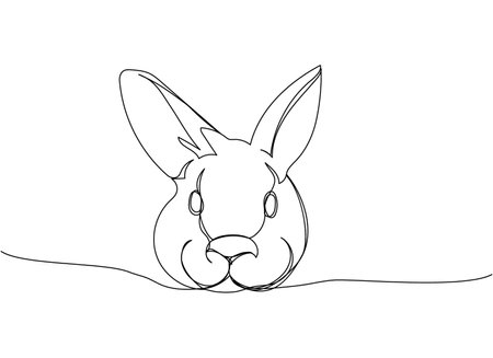 Argente Rabbits head, American Chinchilla bunny one line art. Continuous line drawing of pet, mammal, breed, zodiac, china, oriental, domestic, easter, bunny, animal, year new, 2023, hare.のイラスト素材