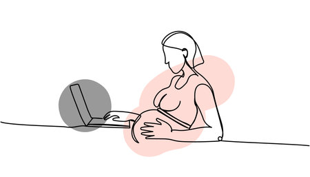 Working pregnant one line art with colorful elements. Continuous line drawing of pregnancy, motherhood, preparation for childbirth, work during pregnancy, working woman, maternity leave.のイラスト素材