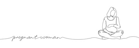 Pregnant woman sitting in lotus position one line art with an inscription. Continuous line drawing of pregnancy, motherhood, fitness, preparation for childbirth, yoga for pregnant women.のイラスト素材