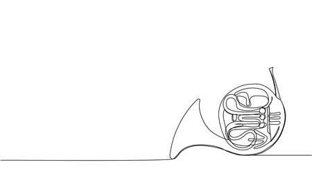 French horn one line art. Continuous line drawing of musical, classic, melody, acoustic, symphonic, horn, french, ensemble, orchestra, trumpet.のイラスト素材