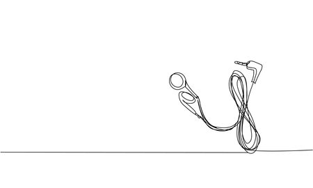 Earphones one line art. Continuous line drawing of music, headphone, headset, portable, sound, audio, hear, dj, listen, listening, ear, electronic, mobile, relax, radio Hand drawn vector illustrationのイラスト素材