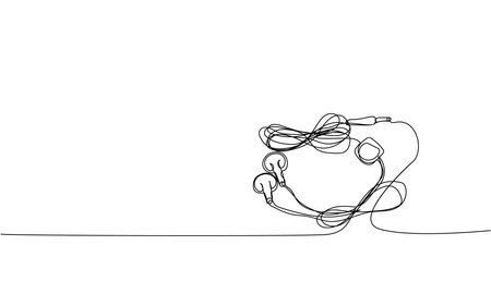 Headphones, earphones one line art. Continuous line drawing of music, headphone, headset, portable, sound, audio, hear, dj, listen, listening, ear, electronic, mobile, relax, radioのイラスト素材
