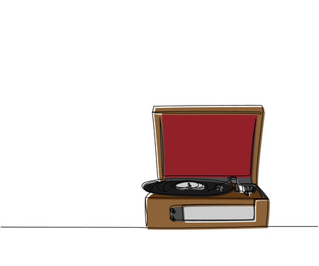 Vinyl Record Player Turntable one line color art. Continuous line drawing of vinyl, record, melody, studio, electronic, music, vintage, retro, player, disc, groove, antique, gramophone, disco, audioのイラスト素材