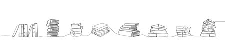 Set of several stacks of books one line art. Continuous line drawing of book, library, education, school, study, literature, paper, textbook, knowledge, read, learn, page readingのイラスト素材